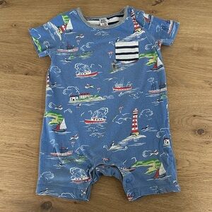Baby Boden Blue Nautical Print Romper with Striped Pocket